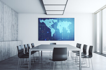 Abstract world map on presentation monitor in a modern boardroom, big data and blockchain concept. 3D Rendering