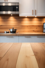 Frontal view of a wood table top on blur kitchen counter background - Product presentation