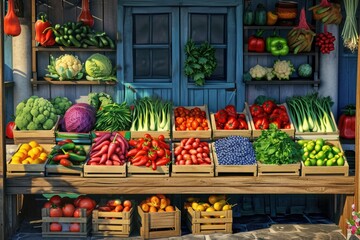 A picture showing a colorful fruit and vegetable stand positioned in front of a charming blue door....