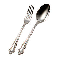 Stainless Steel or Silver Spoon and Fork Isolated on transparent  background PNG