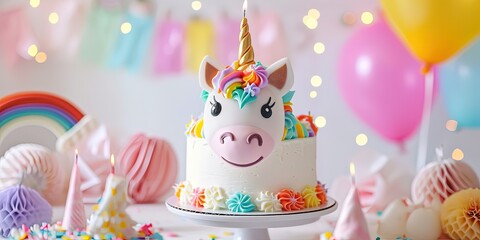 Cute unicorn cake for a birthday party for a child, balloons, festive mood, wallpaper, background, card.