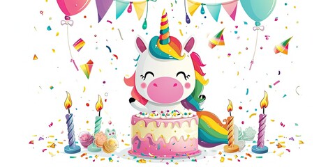 Cute unicorn cake for a birthday party for a child, balloons, festive mood, wallpaper, background, card. - obrazy, fototapety, plakaty