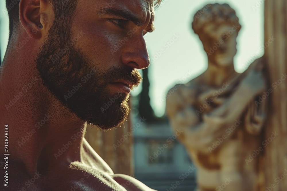 Aufkleber A man with a beard standing next to a statue. Suitable for various concepts and themes