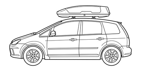  Classic family station wagon for trevel. Car with trevel box.  Side view. Outline doodle vector illustration	
