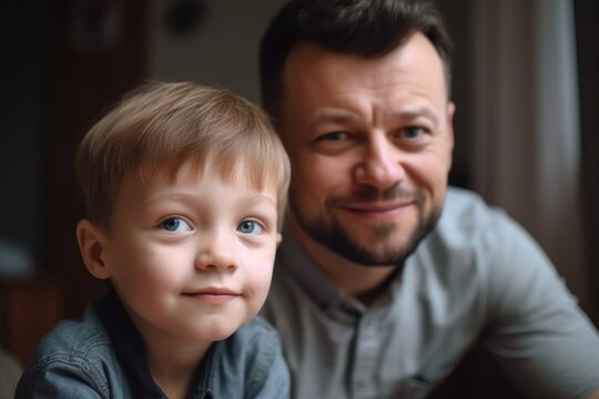 portrait of a little boy and his father sitting at home
