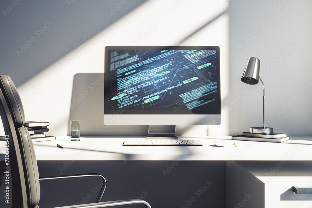 Leinwandbilder modern computer display with abstract programming language hologram, artificial intelligence and mac