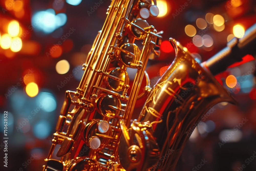 Aufkleber close-up shot of a saxophone with vibrant lights in the background. perfect for music-related design