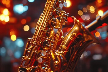 Close-up shot of a saxophone with vibrant lights in the background. Perfect for music-related designs and promotional materials