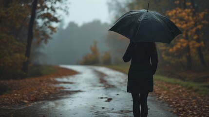 A woman walking down a road while holding an umbrella. Suitable for weather-related or outdoor-themed designs