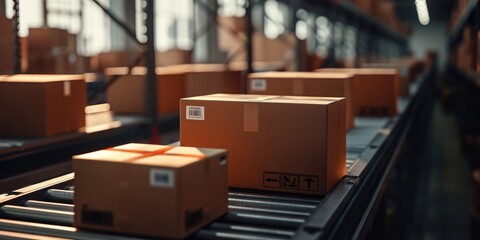Boxes moving on a conveyor belt in a warehouse. Suitable for logistics, storage, and distribution concepts