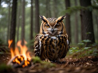 Obraz premium Eurasian Eagle Owl (Bubo bubo) with a bonfire