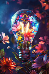 Lightbulb with flowers pattern in a colorful artistic style