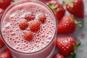 A close-up view of a glass of a refreshing drink with strawberries. Perfect for use in food and beverage related projects