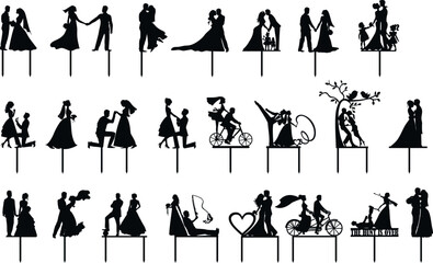 Wedding silhouettes, Silhouette of a girl, silhouette of a ballerina, cake topper layout for laser cutting. Silhouettes of people in different poses.