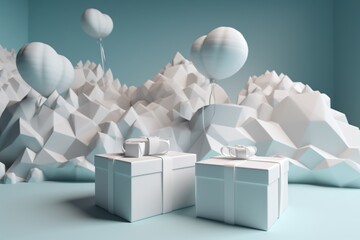 Skyward Surprise: Blue Gift Box Adorned with Clouds, Unwrapping Dreams in Every Pixel.