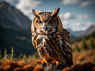 Obraz premium Beautiful owl sitting on a perch in front of a mountain landscape