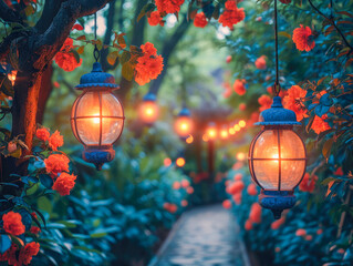 Orange lanterns on the garden path trees and red flowers along the walkway