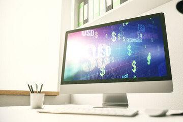 Modern computer monitor with creative USD symbols hologram. Banking and investing concept. 3D Rendering