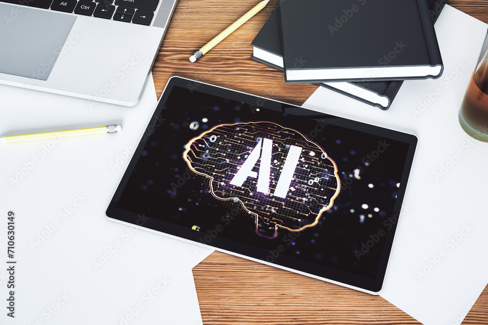 Aufkleber top view of modern digital tablet screen with creative human brain microcircuit. future technology a
