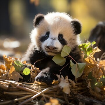 Photo of a fluffy panda cub eating bamboo. Generative AI