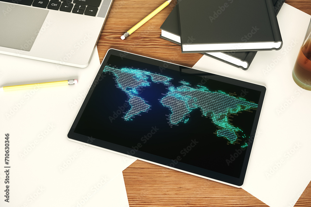 Aufkleber top view of modern digital tablet display with abstract graphic world map, big data and networking c