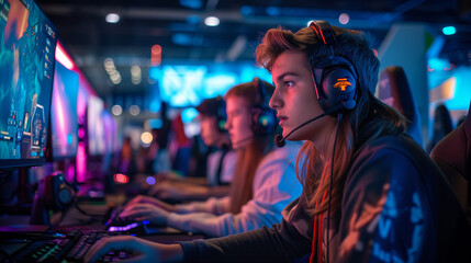 Young Esports Competitors Engaged in an Intense Gaming Tournament.