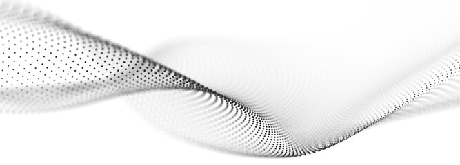 Wave of flowing particles on a white background. Abstract backdrop with dynamic elements of waves and dots. 3d