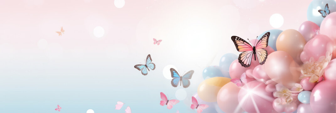 happy birthday banner background with butterflies and colored balloons on a pink background. For a girl's birthday. The image is on the right with space for text on the left.