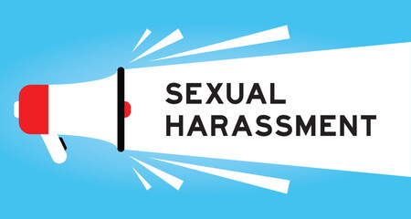 Color megaphone icon with word sexual harassment in white banner on blue background
