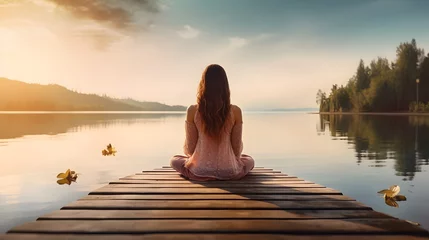 Fototapeten Calm morning meditation by the lake. Young woman outdoors on the pier. Wellbeing and wellness soul concept. Summer nature. Woman feeling freedom, enjoying vacation. No stress, calm mind, relax   © Ziyan Yang