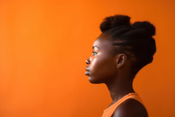 African woman profile studio portrait isolated on a bright orange background  - obrazy, fototapety, plakaty