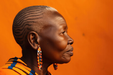 Middle aged african woman profile studio portrait isolated on a bright orange background 