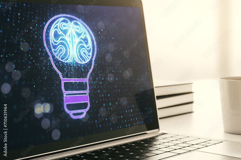 Poster Creative light bulb with human brain hologram on modern laptop monitor, artificial Intelligence and neural networks concept. 3D Rendering