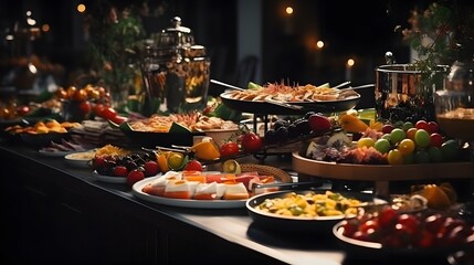Catering wedding buffet for events. Wedding Reception Buffet Food. Buffet Table with dishware waiting for guests. 