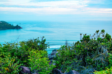 hiking mountain view on the ocean in a picturesque landscape in the Seychelles