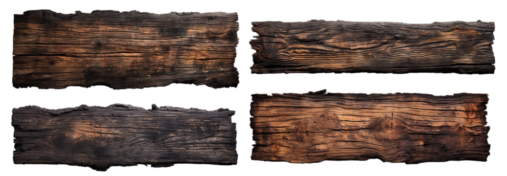 Set of burnt wooden planks cut out