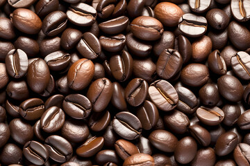 Roasted coffee beans background. Top view. Coffee background