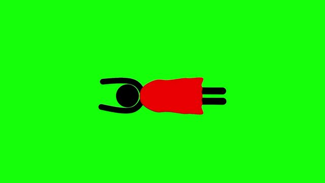 Animation of a flying hero in a red cape. Black stikman character with cape moving. Concept of brave superhero saving the world. Man with super powers on green screen background.