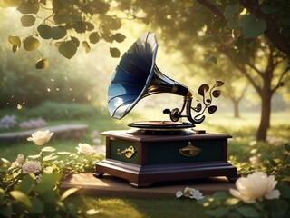 Nature's Melody: A Harmonious Blend of Gramophone and Wilderness - obrazy, fototapety, plakaty