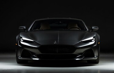 Luxury expensive car parked on dark background. Sport and modern luxury design gray car. Shiny clean lines and detailed front view of modern automotive. Automotive advertising banner