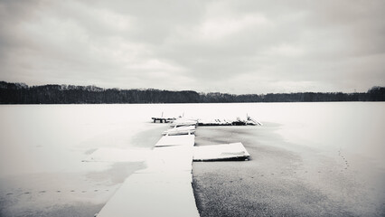 Steg - Winter - Snow - Background  - Cold - Jetty - Black - White - Landscape - Water - Lake -...