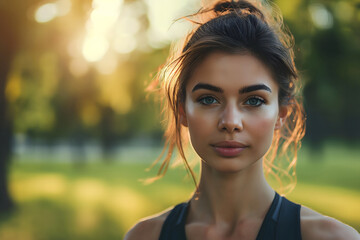 A healthy woman exercising in the park in the morning. Generative AI content.