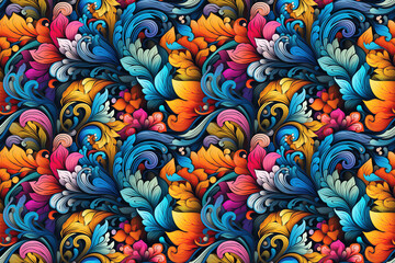 colorful floral seamless pattern with multicolored rainbow bright flowers on black background - obrazy, fototapety, plakaty