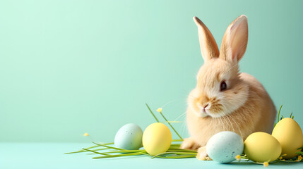 Fototapeta na wymiar Easter Bunny with Pastel Eggs on Mint Background Spring Holiday Concept 