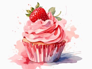 watercolor strawberry cupcake	
