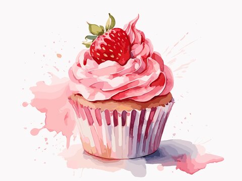 watercolor strawberry cupcake	