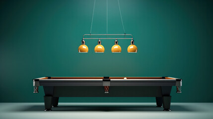 billiard table with lamp and green wall on background