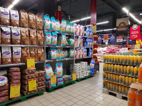 AGADIR, MOROCCO - FEBRUARY 13, 2022: Flour aisle in a generic supermarket in Agadir, major coastal city in Morocco.