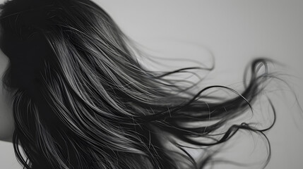 Flowing Black Hair with Artistic Wave Detail on Grey Background