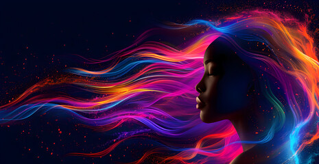 Silhouette of a black woman with abstract colorful hair in motion against dark background, for Black History Month concept art. - obrazy, fototapety, plakaty